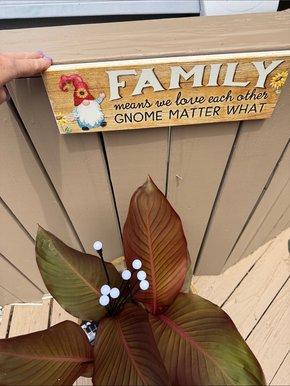 Indoor / Outdoor wood sign "Family means we love each other gnome matter what”